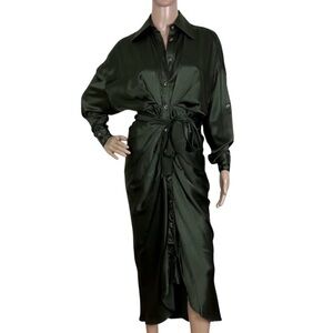 NEW DIVINE HERITAGE GREEN SILK GATHERED MIDI SHIRT DRESS